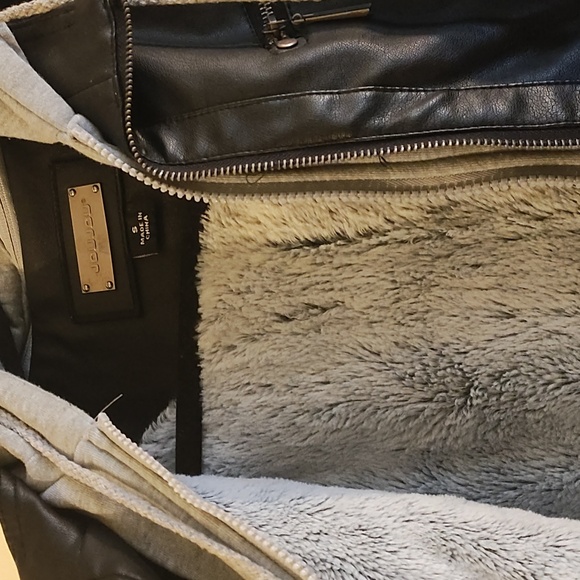 Women's Black Faux Leather Jacket with Gray Hoodie - Picture 8 of 10